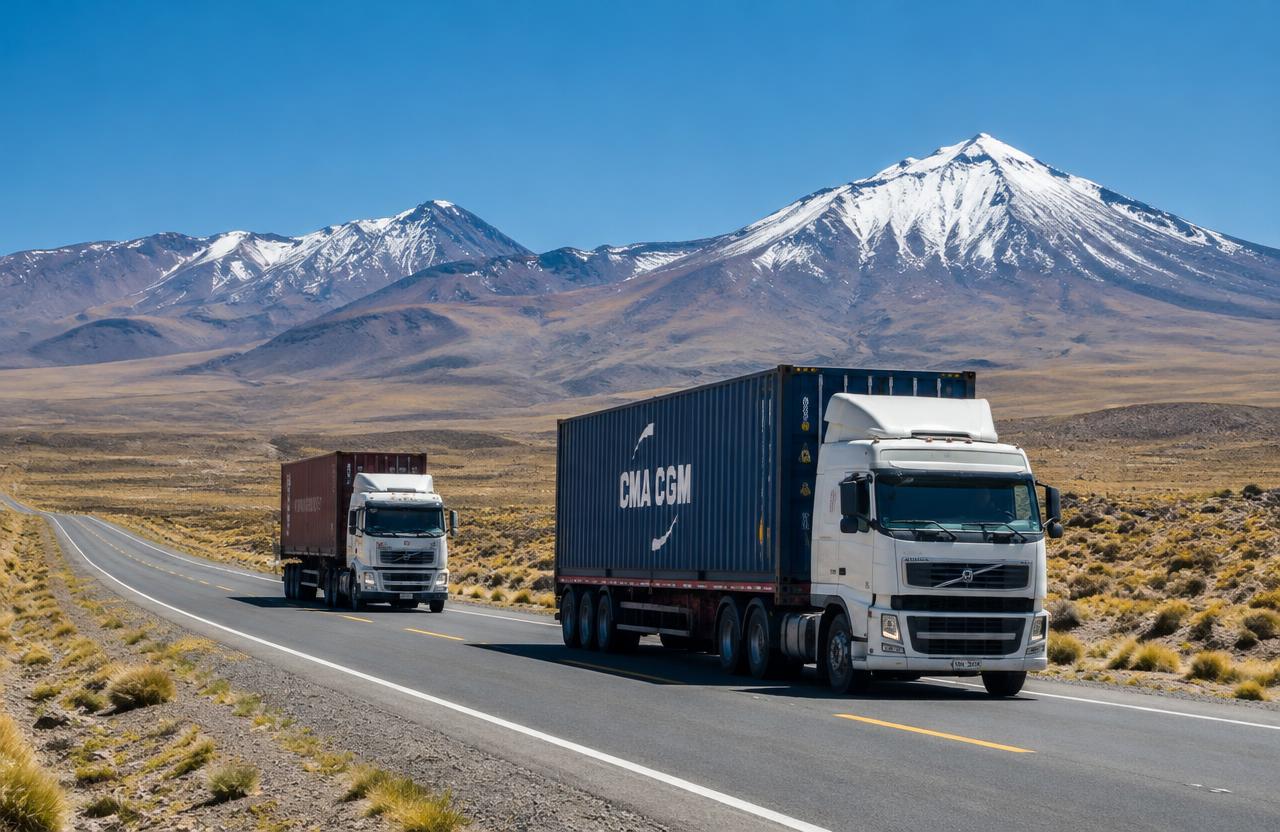 Camiones con contenedores en el Altiplano
